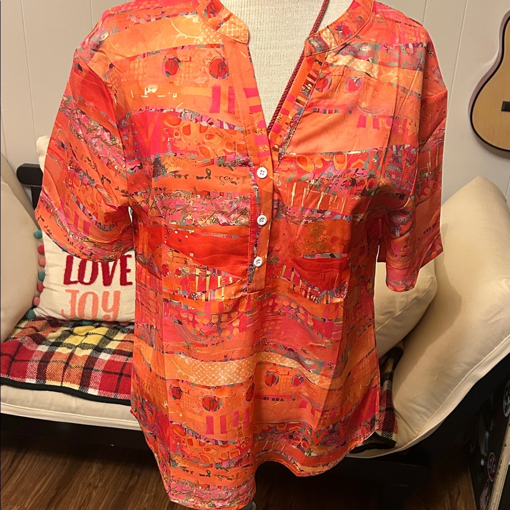 Orange Printed Art Button-Front Tunic Top